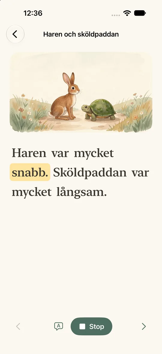 A story page: the hare and the tortoise, with the sentence Haren var mycket snabb. The word snabb is highlighted in yellow while it is read aloud.